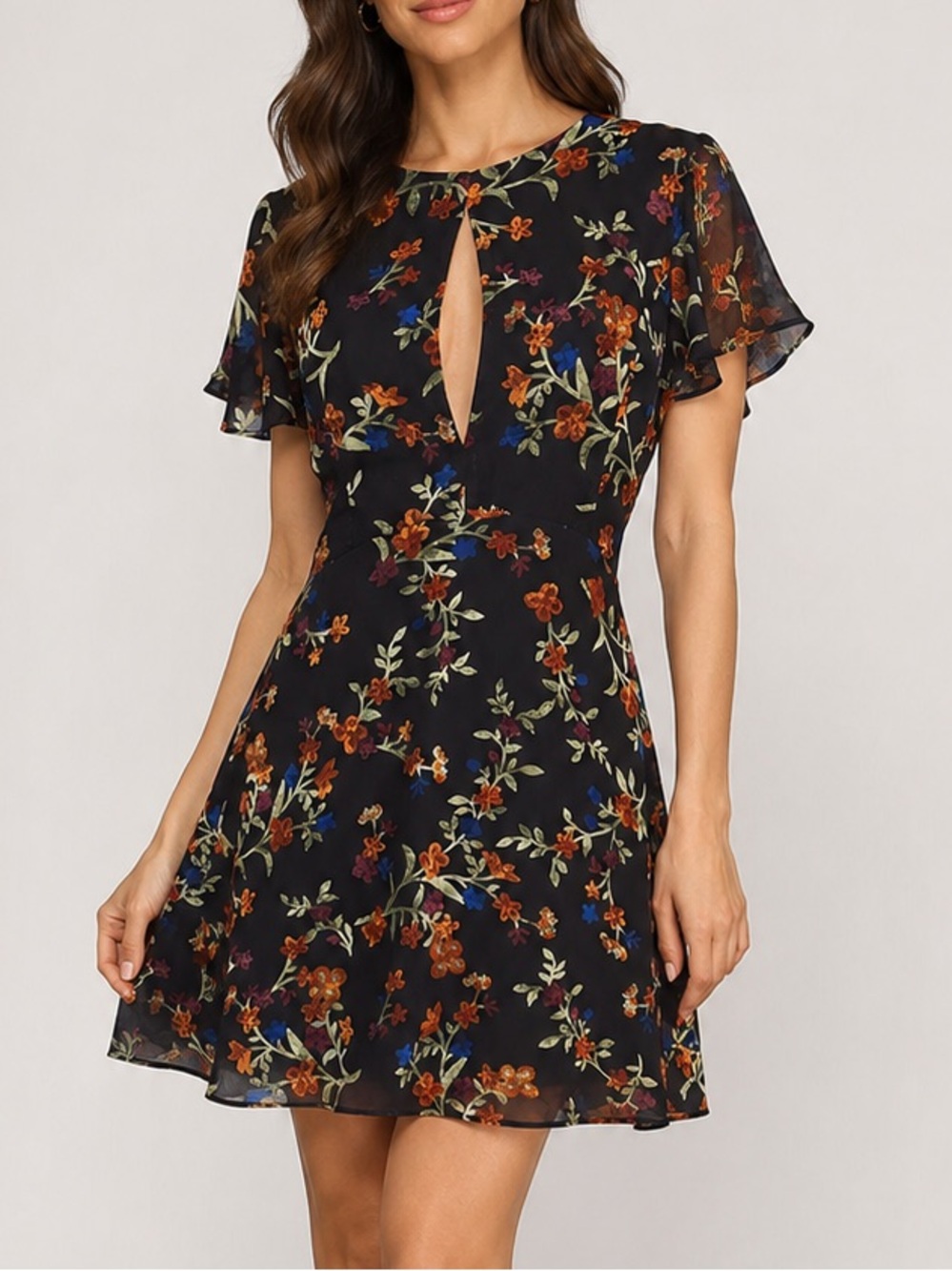 GB Black Floral Chiffon Fit & Flare Dress Keyhole Flutter Sleeve M